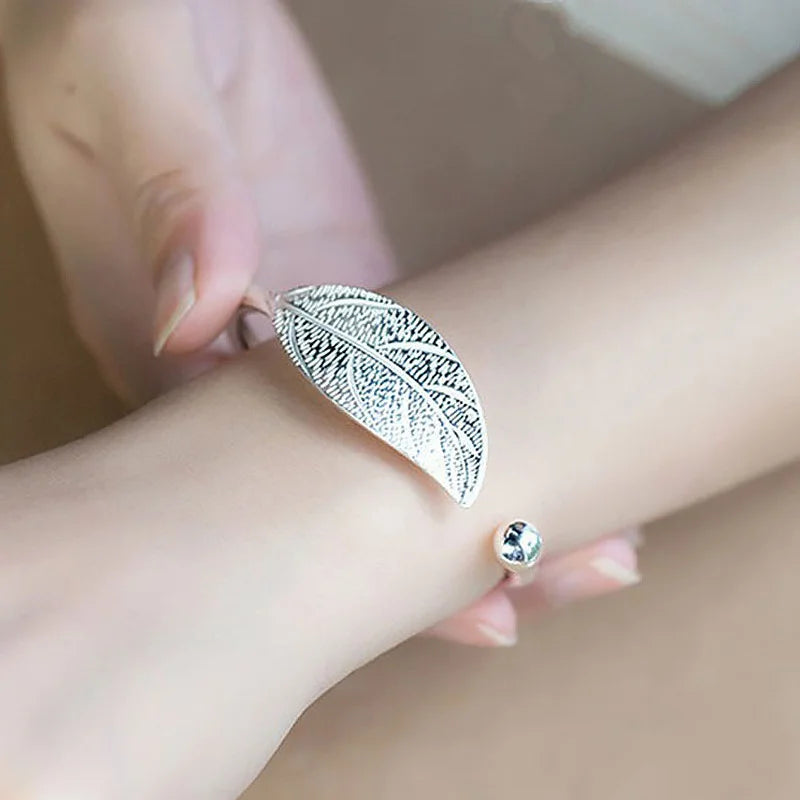 Sterling Silver Leaf Cuff Bracelet - Adjustable Nature Gift