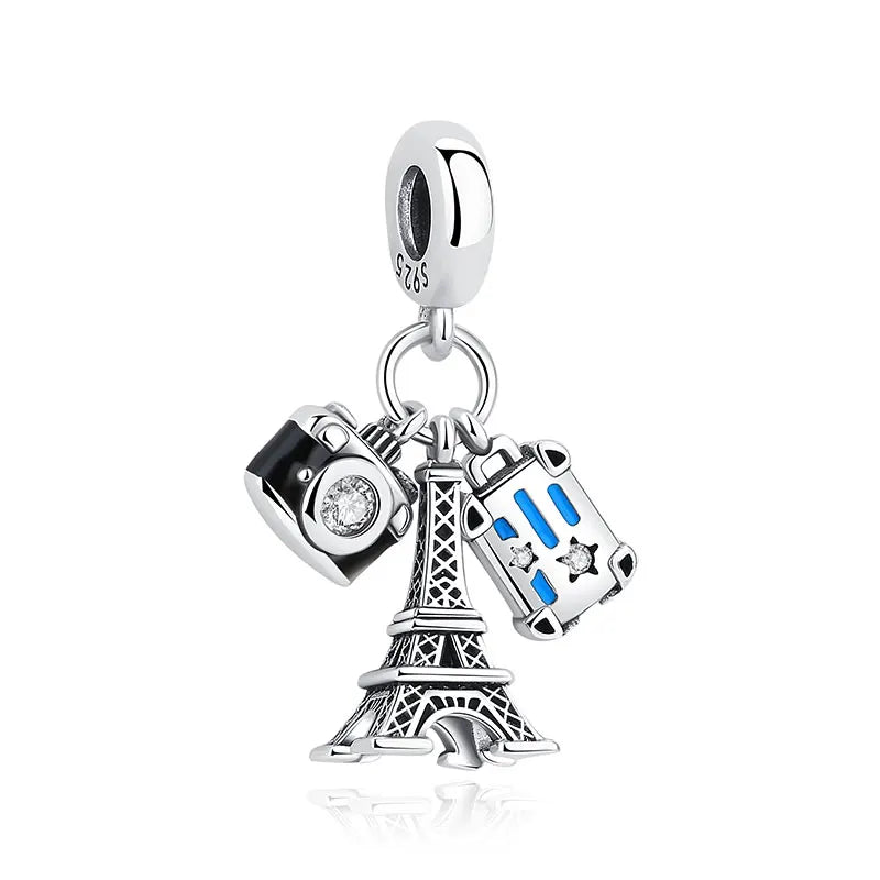 Sterling Silver Travel Charms - London, Paris, Suitcase Beads