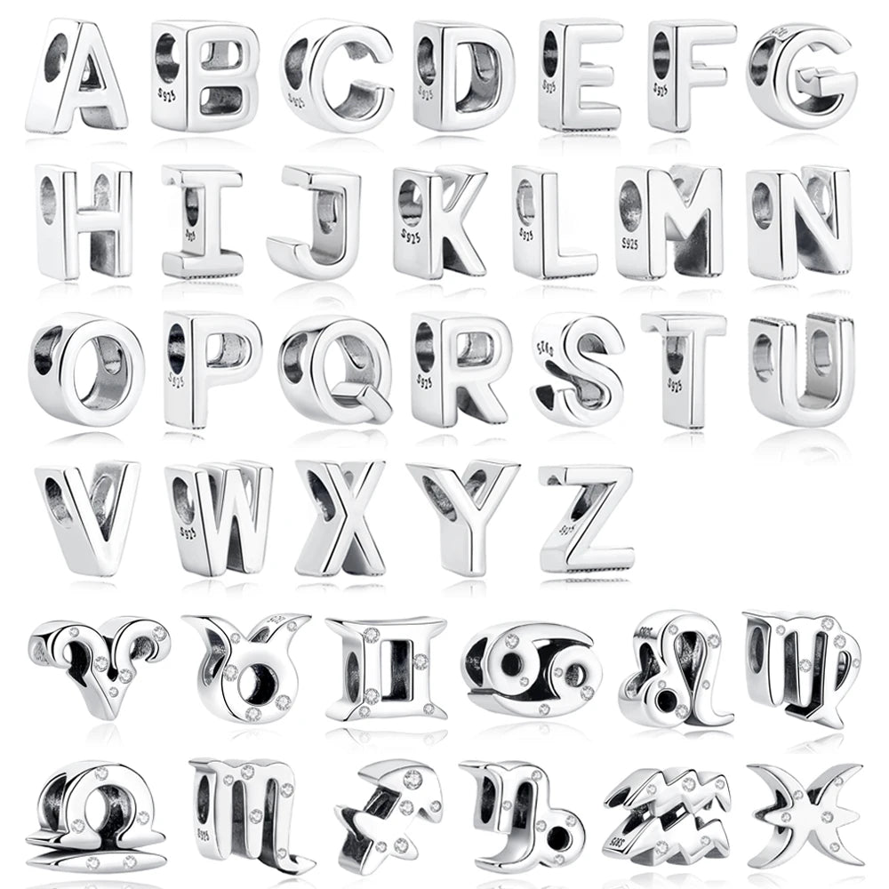 Sterling Silver Zodiac & Letter Charms - Personalized Alphabet Beads