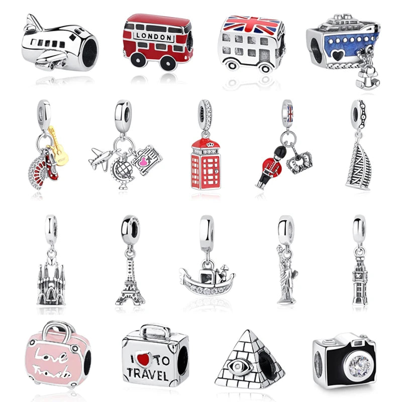 Sterling Silver Travel Charms - London, Paris, Suitcase Beads