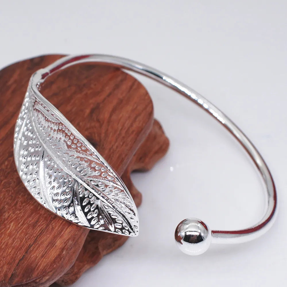 Sterling Silver Leaf Cuff Bracelet - Adjustable Nature Gift